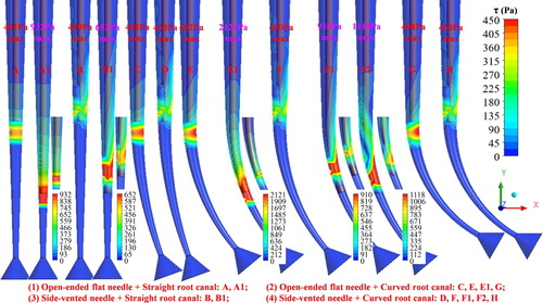Figure 6. The contours of the root canals’ wall shear stress.