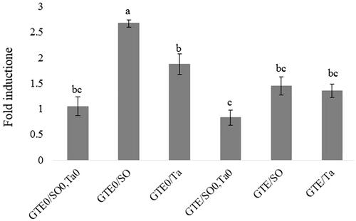 Figure 1. QRT-PCR analysis of LPL (lipoprotein lipase) gene expression in abdominal fat tissue of female broiler chicks in response to green tee extract (GTE) and fat supplementation. GTE0: without green tea extract; GTE500: 500 mg green tea extract/kg diet; SO: soybean oil; Ta: tallow; SO0/Ta0: without soybean oil/without tallow.