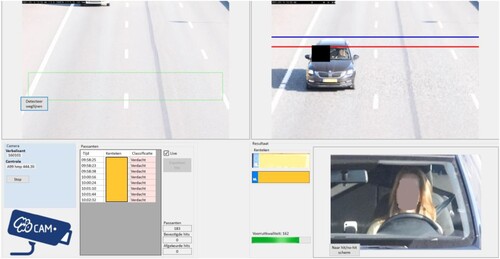 Figure 2. Screenshot of the MONOcam software interface as shown on the laptop. The top left shows a livestream of incoming video, the top right shows the photographed car, with evidence of movement. The bottom right shows photographs of all passing vehicles. Potential hits are added to the list on the bottom left for further manual inspection by the patrol officer. Non-hits are deleted.