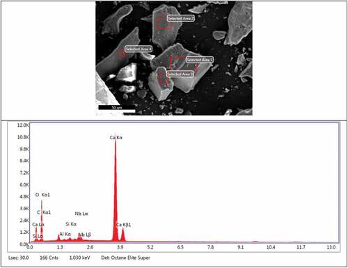 Figure 1. SEM micrograph and EDAX spectrum of granite powder particles.
