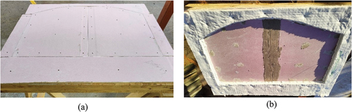 Figure 4. CLT panel protected with 15 mm Fireline gypsum plasterboard with a vertical joint and a joint inside the perimeter (W-15FPJ), (a) Joints are visible, (b) Joints are sealed and the panel is ready to be placed in the furnace.