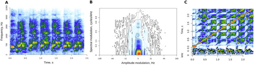 Figure 1. Three representations of the same laugh: mel-scaled auditory spectrogram (A), modulation spectrum (B), and self-similarity matrix (C). SSM's lower panel shows the novelty contour (dotted black line) over the input spectrogram.