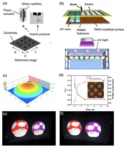 Figure 5. (a) Schematic processes of inkjet printing. Reproduced with permission [Citation79]. Copyright 2011, Optica Publishing Group. (b) Schematic processes of screen printing. (c) 3D perspective images of a microlens. (d) Evolution of NA and radius of MLAs with the reflow time. A photo of 3D reconstruction image viewed from the left 45° direction (e) and right 45° direction (f). Reproduced with permission [Citation81]. Copyright 2011, Springer Nature.