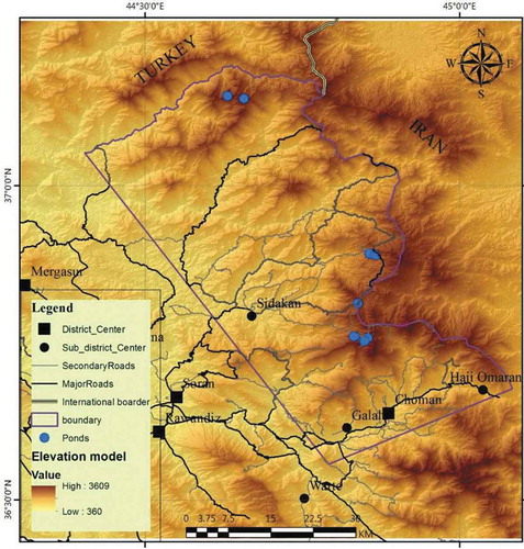 Figure 2. The study area; topography, watersheds, rives, districts, and sub-districts.