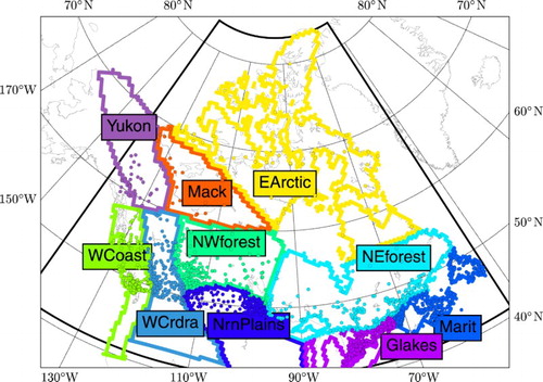 Fig. 1 Rainfall network used and the CFSR domain (thick black frame). Climatic regions are: Yukon (Yukon), Mackenzie (Mack), East Arctic (EArctic), West Coast (WCoast), Western Cordillera (WCrdra), North Western Forest (NWforest), Northern Plains (NrnPlains), North East Forest (NEforest), Great Lakes (GLakes) and Maritimes (Marit) (Plummer et al., Citation2006).