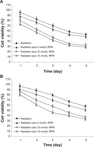 Figure 2 Effect of radiation plus RPM on cell viability of pancreatic cancer cells with MTT assay, in (A) PC-2 cells and (B) PANC-1 cells.