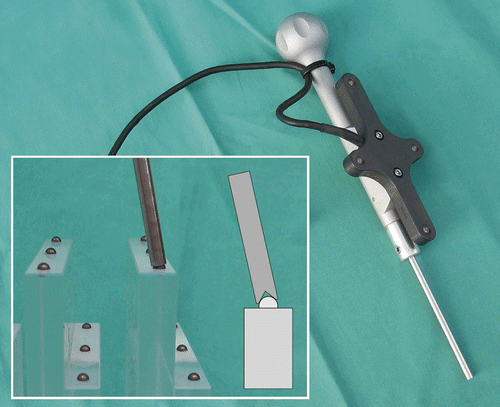 Figure 4. The pointer used for digitizing the fiducial marker positions. In this case it is being used with an active reference base. The pointer has a hollow tip that matches the marker spheres exactly.