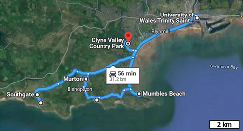 Figure 2. Google map of the revised ChatGTP-generated field trip itinerary, taking a total of 1 hour and 6 minutes driving time.