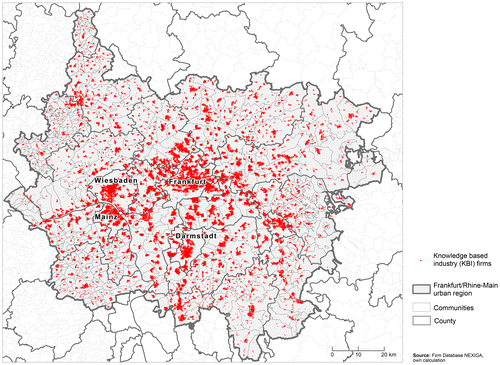 Figure 2. Spatial distribution of the knowledge-based industry (KBI) firms and self-employed workers. Source: Authors’ own calculation and illustration based on NEXIGA LOCAL® Business database (2015). Cartography: Jutta Rönsch.
