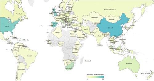 Figure 3. Geographic distribution of author affiliations, including the first author in Scopus-indexed publications on sustainability in community-based tourism, 1990–2021, with a world map (n = 869 documents).