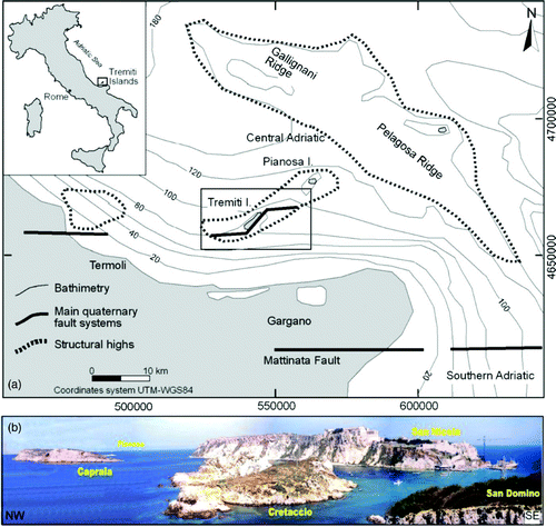Figure 1. (a) Physiographic and geological setting of the North Garganic Adriatic sector (from CitationRidente & Trincardi, 2002). (b) Panorama of the islands from San Domino, from SW towards NE.