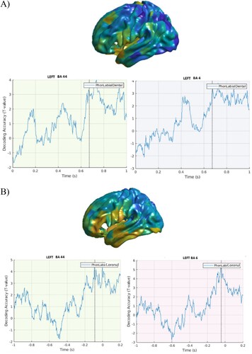 Figure 4. Place of articulation. A. Stimulus-locked data. Top panel. Cortical distribution of the above chance decoded activity specific to the Place of Articulation condition, after controlling for word frequency. Bottom panel: Time course of the above chance decoded activity in the LIFG BA 44, premotor and motor cortex. B. Response-locked data. Top panel. Cortical distribution (left hemisphere) of the above chance decoded activity specific to the Place of Articulation condition. Bottom panel: Time course of the above chance decoded activity in the LIFG BA 44 and motor cortex.