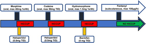 Figure 1. Graphic timeline of opioid treatments, hiccup occurrence, and management.