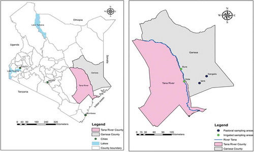 Figure 1. Map of Kenya and the two study areas, Tana River and Garissa Counties, with towns involved in the study highlighted.