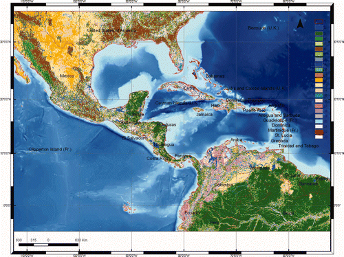 Figure 2. Land cover map of the study area: (1) country boundaries, (2) tree cover – evergreen, (3) tree cover – deciduous closed, (4) tree cover – deciduous open, (5) tree cover – needle leaved, (6) tree cover mixed leaf type, (7) tree cover regularly flooded fresh water, (8) tree cover regularly flooded saline water, (9) tree cover/other natural vegetation, (10) shrub cover closed-open evergreen, (11) shrub cover closed-open deciduous, (12) herbaceous cover, (13) sparse herbaceous or sparse shrub cover, (14) regularly flooded shrub and herbaceous cover, (15) cultivated and managed areas, (16) cropland, (17) tree cover and other natural vegetation, (18) cropland, shrub and grass cover, (19) bare areas, (20) water, (21) snow and ice, (22) artificial and associated areas, (23) irrigated agriculture.