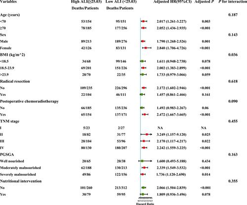 Figure 4 The stratification analysis of ALI in EPCC. Adjusted for age, sex, TNM stage, radical resection, postoperative chemoradiotherapy, ECOG PS, KPS, BMI, family history of cancer, tea consumption, alcohol consumption, smoking, diabetes, hypertension, coronary heart disease, AST, ALT, hemoglobin, serum total protein, serum albumin, WBC, lymphocytes, neutrophils, platelet, 30-day mortality, PGSGA, nutritional intervention.