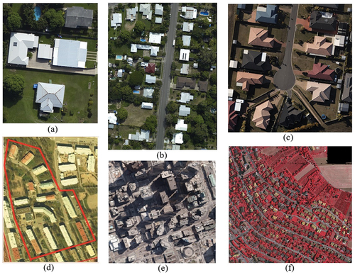 Figure 2. Datasets used in this research. (a) and (b) are two different sites from the Aitkenvale area. (c) Hervey bay area, (d) Hermanni datasets, (e) Toronto and (f) Vaihingen area from ISPRS datasets.