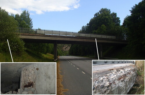 Figure 6. Picture of the bridge with details of the damaged column (bottom left) and damaged edge beam (bottom right), courtesy of the Swedish Transport Administration.