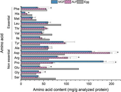 Figure 1. Amino acid profile of proteins analyzed from grasshopper fed with alfalfa or maize green fodder (MGF). The reference refers to the whole hen egg (FAO, Citation1970). * Significant difference (p-value < 0.05).Figura 1. Perfil de aminoácidos de las proteínas analizadas de chapulín alimentado con alfalfa o forraje de maíz. Se utilizó la información del huevo de gallina como referencia (FAO, Citation1970). *Differencia significativa (valor p < 0.05)