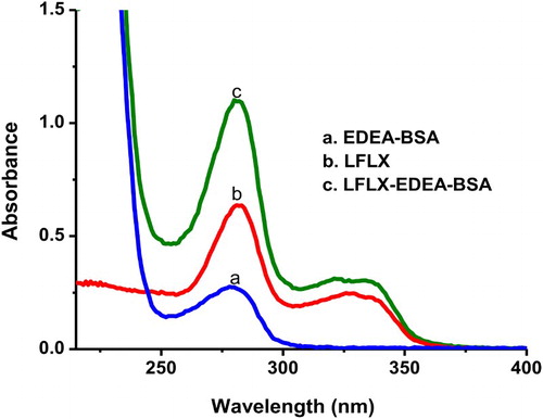Figure 2. UV absorbance for EDEA-BSA, LFLX, and LFLX-EDEA-BSA.