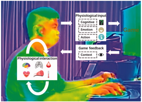 Figure 6. Infrared imaging of an individual playing a video game. The game loop includes psychological and physiological (e.g., cognitive, emotion, and action) inputs and context-based feedback, as well as a wide range of physiological interactions (e.g., of the brain, heart rate, breathing, muscles, metabolism, and skin temperature).