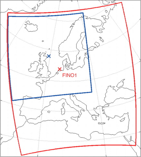 Fig. 3 The domain of the RCA model used in this study (red box area); the red×is the FINO1 site; the blue box area is the area shown in Figs. 17 and 18; the blue×indicates the centre of storm Uill at time 2012-01-03:12 (discussed in Section 6.3).