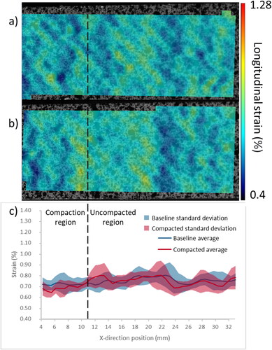 Figure 14. Four-point bend strain fields at 481 N loading (a) compacted example, (b) baseline example, (c) average strain and standard deviation at given position.