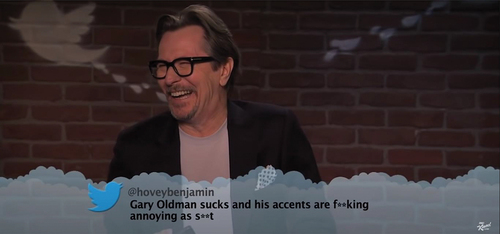 Figure 1. Gary Oldman’s willingness to laugh at the tweet, and by extension both himself and the tweeter, neutralises the audience’s own laughter, shifting it from laughing at to laughing with.