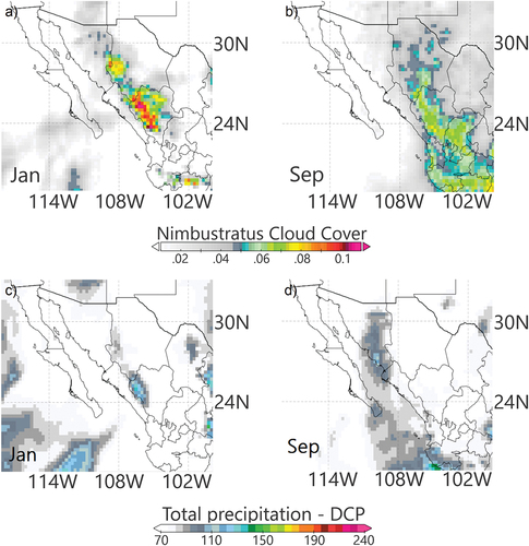 Figure 10. Nimbostratus cloud cover for January (a) and September (b) and total rain minus deep convective rain (mm) in January (c) and September (d). Averages from 2001 to 2020.