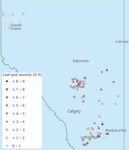 Fig. 1 Wheat disease survey locations, and leaf spot severity categories, Alberta, 2021.