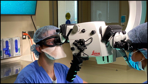 Figure 3. Successful microsurgery on a nerve tube utilizing a standard operating microscope, sealed goggles, and anti-fog solution.