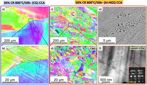 Figure 1. EBSD micrographs of (a) CG-CCA and (b) magnified view of CG CCA. (c) hi-HGS CCA, and (d) magnified view of completely recrystallized fine grains. (e) BSE image of hi-HGS showing B2 precipitates and (f) TEM image showing B2 precipitates of plate shape (red arrow), globular shape (green arrows) and the diffraction pattern in the inset.