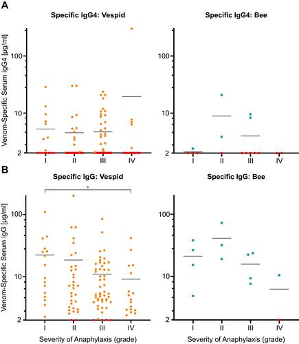 Figure 5 The severity of anaphylaxis and venom-specific serum IgG levels. Values on the x-axis are severities of anaphylaxis Grades I–IV according to Mueller.Citation15 The horizontal lines indicate the arithmetic means. (A) Serum levels of venom-specific IgG4 (µg/mL) in individual patients with vespid (left, orange, n=125) or bee (right, blue, n=16) venom allergies. (B) Serum levels of antigen-specific IgG (µg/mL) in individual patients with vespid (left, orange, n=116) or bee (right, blue, n=13) venom allergies. Values below the diagnostic cut off according to the manufacturer’s instructions (2 μg/mL for both IgG and IgG4) were marked in red color. *Significant at α = 0.05.