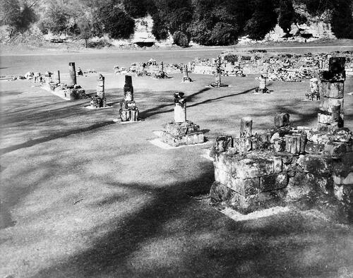 Figure 3. Remains of the monk’s infirmary at Fountains abbey, Yorkshire (1220–47, doc), the largest known aisled hall ever built in England (c. 72 by 200 ft; 22 by 62 m). From an old glass plate held by the Wellcome Collection (CC BY 4.0)