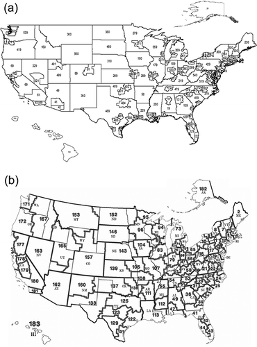 Figure 2. Maps of freight zones (adapted from Federal Highway Administration, U.S. Department of Transportation [2011] and Research and Innovative Technology Administration, U.S. Department of Transportation [2011]): (a) FAF3 analysis zones and (b) national transportation analysis regions (1993 CFS).