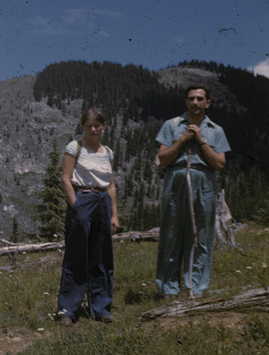 Fig. B.2. Teller, photographed by Egon Bretscher, pictured with Bretscher’s wife, Hanni, hiking Lake Peak near Santa Fe, New Mexico, 1946. (Courtesy Churchill Archives Center, Cambridge University.)