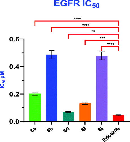 Figure 5. Graphical illustration for IC50 inhibition of EGFR of compounds 6a, 6b, 6d, 6f and 6j compared to erlotinib. Statistical significance was analysed by one-way ANOVA and Tukey’s multiple comparisons test (ns: non-significant, ***p < 0.001, ****p < 0.0001).