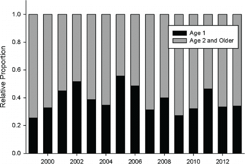 FIGURE 6. The relative proportion of age-1 versus age-2 and older juvenile Bull Trout captured during the March-May sample period each year from 1999 through 2013 at the lower Metolius downstream-migrant trap.