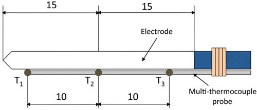 Figure 2. Placement of the multi-thermocouple probe tied to the electrode. T1, T2 and T3 are the locations of the thermocouples (dimensions in mm).