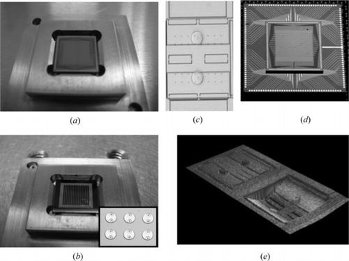 Figure 4 Images of a 140 actuator MEMS DM actuator array chip with integrated through-wafer vias (TWVs); (a): 10 mm die with 140 electrostatic actuators produced on TWV substrate. (b): Bottom of the device, showing gold pads with two TWV interconnects per actuator; (c): Microscope image of a single actuator's surface. (d): Photo of flip chip bonded actuator array on a 10 mm square TWV substrate and bonded to an interposer test PC board through vertical bump bond interconnections; (e): Measured surface deformation of an actuator subjected to 200 V through TWV connection. Peak deflection of 1.2 µm was obtained.