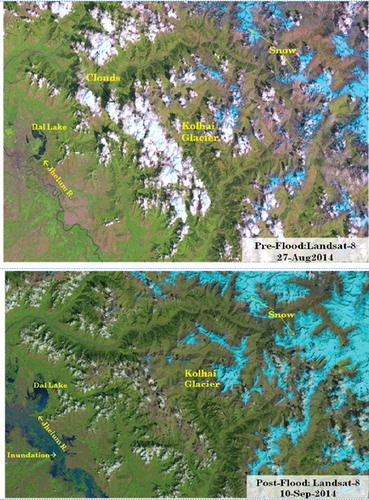 Figure 6. Pre- and post-flood event, changes in snow cover observed from Landsat-8 satellite images of 27 August and 10 September 2014 (Source: USGS). To view this figure in colour, please see the online version of the journal.