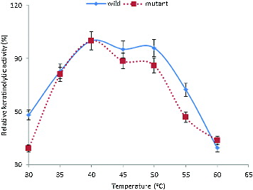 Figure 3. Effect of temperature on the KA of B. safensis LAU 13 wild-type and mutant strain.