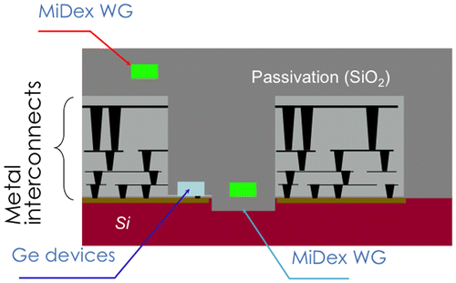 Figure 10. Schematics of a monolithic electronic and photonic integrated circuits on a Si bulk wafer (cross section). WG stands for waveguide.