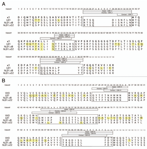 Figure 1 Variable domain sequences of mouse and humanized variants of anti-FGFR4. The amino acid sequences of mouse LD1 and humanized variants hLD1.vB and hLD1.v22 are aligned with the (A) human kappa I (huKI) and (B) human VH subgroup III (huIII) variable domain frameworks used in trastuzumab. Differences are highlighted in yellow and positions are numbered according to Kabat. Hypervariable regions that were grafted from mouse LD1 into the human variable Kappa I and subgroup III consensus frameworks were selected based on a combination of sequence, structural and contact CDR definitionsCitation16 and are boxed. Three vernier positions in the light chain were altered to restore affinity during humanization; these positions are not expected to be surface exposed.