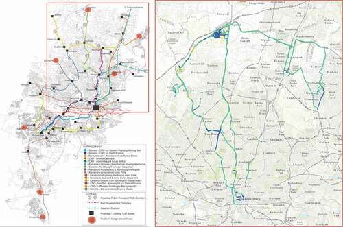 Figure 4. Comparison of the City of Johannesburg’s “Corridors of Freedom” (COF) proposed bus-rapid-transit TOD route connecting Diepsloot to the global financial district of Sandton (left), and the paths people currently take primarily with the minibus taxi system (right). The latter is a map of a volunteered geographic information smartphone study participant, showing multiple modes of transport; dark blue is for walking, green for taxi transport, and yellow for “tilting” when the person was looking at their phone). The COF is a municipality-level plan, and Diepsloot is not a part of TOD plans for the City of Tshwane (Pretoria)