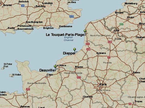 Figure 1. Geographic location of Deauville, Dieppe and Le Touquet-Paris-Plage.Source: Pécout, Machemehl, Penel (Esri, HERE, DeLorme, NGA, USGS).