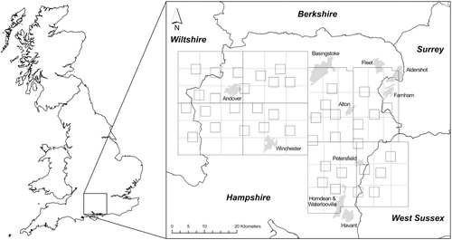 Figure 1. Study area in central southern England showing randomised locations of the Idealised Transect Routes (ITRs) for the first survey of Common Buzzards Buteo buteo in autumn 2011. Shading represents urban areas.