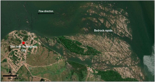 Figure 4. Bedrock rapids upstream middle Tocantins River. Digital Globe, GeoEye, CNES/Airbus DS. Change updated: August 8, 2019 to Accessed: August 8, 2019. Location in Figure 2.