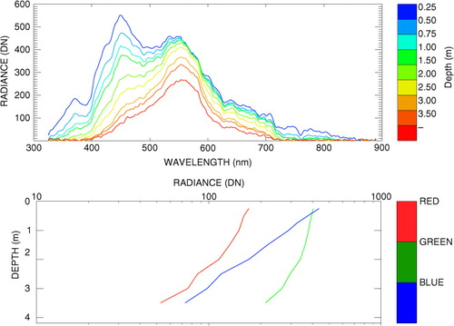 Fig. 7 Measurement of spectral downwelling zenith radiance at several levels deep in Thau lagoon on 24 August 2011. In the lower panel the average radiance profiles for the blue (400–500 nm), green (500–600 nm) and red (600–700 nm) parts of the spectrum.