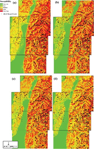 Figure 4. Spatial distribution of the landslide susceptibility classes derived by (a) linear combination (LC) LSI model, (b) geometric mean (GM) LSI model, (c) mixed model 1 (MX1) and (d) mixed model 2 (MX2) with AIL point overlay.